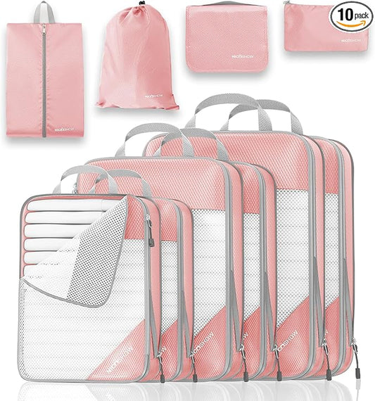 Compression Packing Cubes 10 Set, Compressible Space-Saving Packing Cubes for Travel - Compression Bags, Luggage Organizer, Travel Essentials for Women, Pink by NICOSHOW