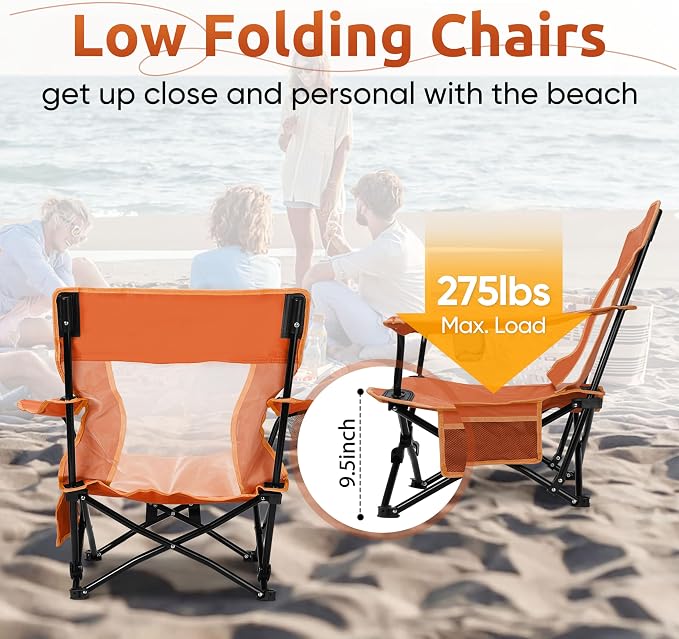 HaSteeL Folding Beach Chair Set of 2, Foldable Orange Camping Chairs for Outside, Low Beach Chair Portable for Adults Fishing, Picnic, Outdoor BBQ, Travel, Sports, Cup Holder & Storage Bag - Image 7