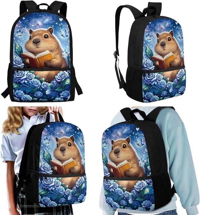 Cute Capybara Backpack Girls 4 Piece School Bag Set with Lunch Box and Pencil Case Kids Back to School Reading Animal Bookbag with Adjustable Padded Strap, 17 Inch - Image 2