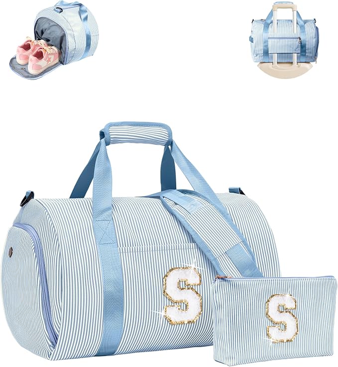 Gift for Cheerleader Girl, Girls Travel Duffle Bag, Kids Initial Overnight Bags with Shoe Compartment, Customized Weekender Bag with Makeup Pouch, Preppy Stuff for Teenager (Letter S) by Vogewood
