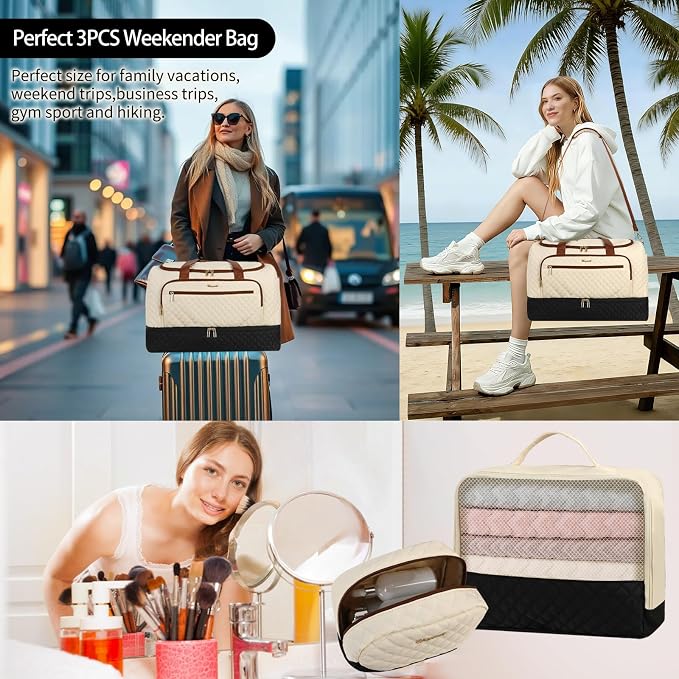 Wogarl 3PCS Weekender Bags for Women Large Overnight Bag Weekend Travel Duffel Bag Carry on Shoulder with Shoe Compartment Canvas Toiletry Bag for Travel Business Gym,Black White - Image 5