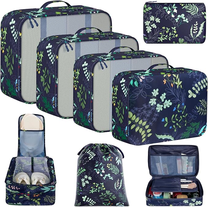 BAGAIL 8 Set Packing Cubes Luggage Packing Organizers for Travel Accessories-Navy Leaf by BAGAIL