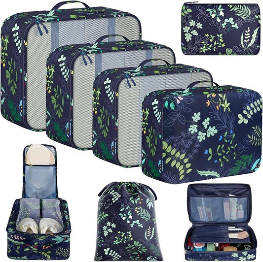 BAGAIL 8 Set Packing Cubes Luggage Packing Organizers for Travel Accessories-Navy Leaf by BAGAIL