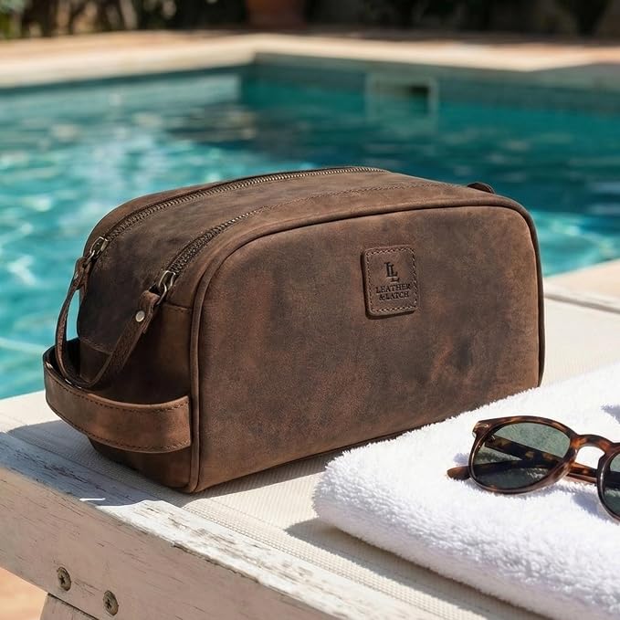 Leather Toiletry Travel Bag with Waterproof Lining, Large Capacity Vintage Dopp Kit, Shaving & Cosmetic Organizer for Men & Women - Brown - Image 8
