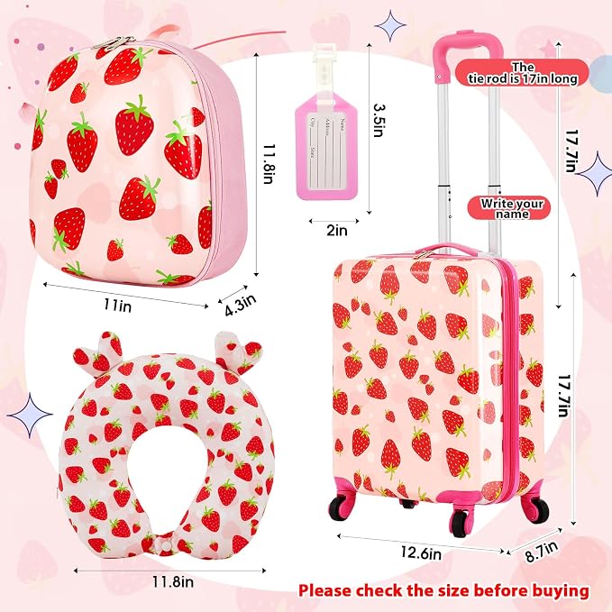 Sanwuta 4 Pcs Kids Luggage Set Back to School Gifts for Girls Boys Carry On Rolling Suitcase Backpack Neck Pillow Travel Set(17 Inch,Strawberry Style,Light Pink) - Image 2