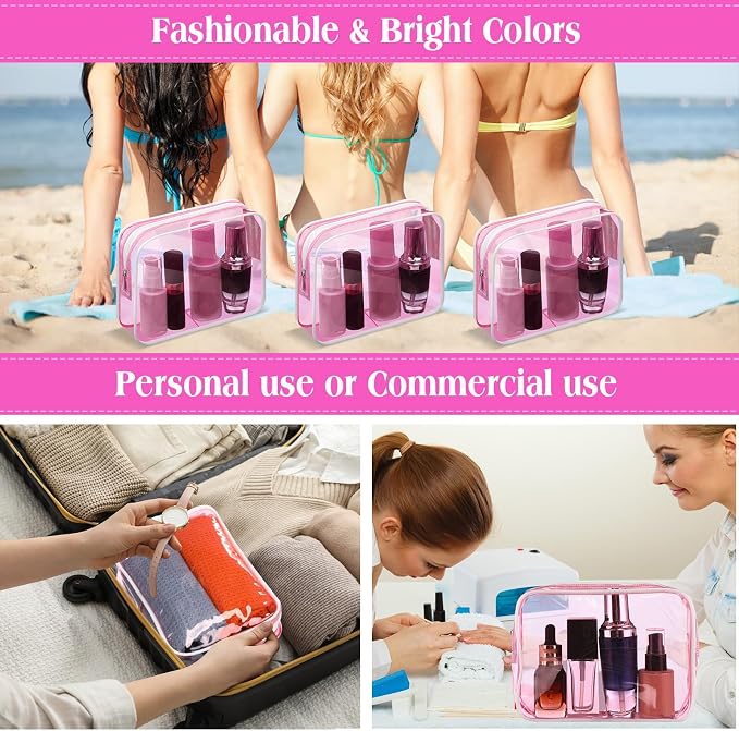 60 Pcs Clear Makeup Bags Bulk Travel Toiletry Bag 7 x 5.5 x 1.6 Inch PVC Zipper Pouch Waterproof Plastic Cosmetic Case Portable Organizer for Women Summer Bathroom (Fluorescent Pink) - Image 4