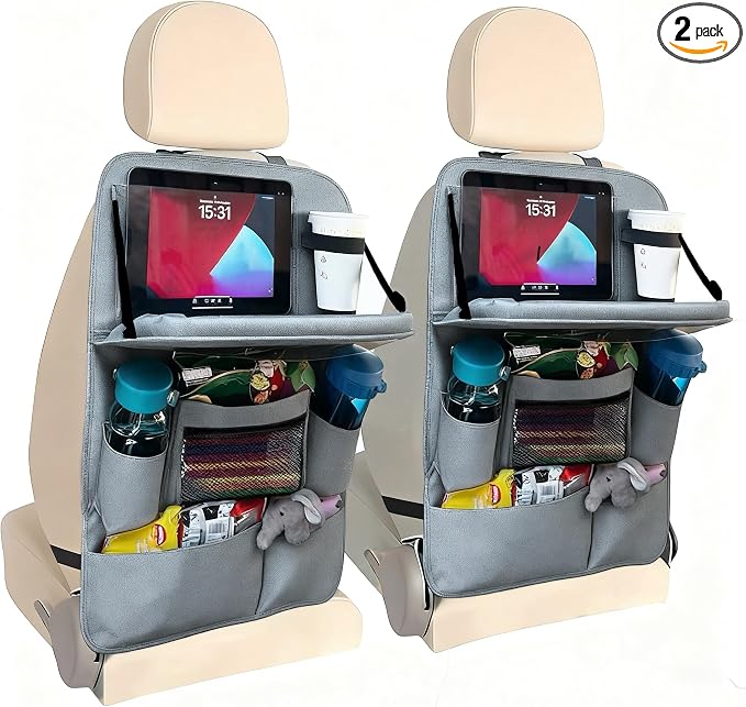 Backseat Car Organizer with Tray, 9 Storage Pockets Back Seat Protector with Foldable Tablet Holder, Waterproof Back of Seat Kick Mats for Kids Adult, Travel Accessories 2 Pack, Gray by HaoxiangAuto