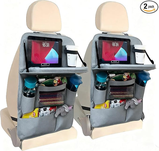 Backseat Car Organizer with Tray, 9 Storage Pockets Back Seat Protector with Foldable Tablet Holder, Waterproof Back of Seat Kick Mats for Kids Adult, Travel Accessories 2 Pack, Gray by HaoxiangAuto