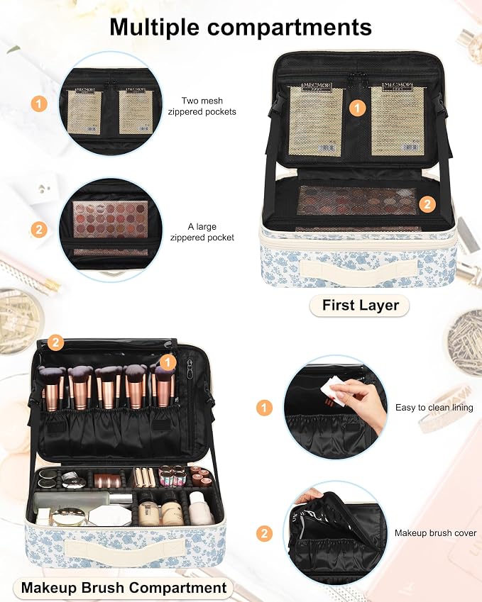 Relavel Large Makeup Bag, Cute Cosmetic Bags for Women and Girls Travel Makeup Organizer Bag Train Case 13.8 inches Makeup Brush Holder and Storage with Adjustable Dividers, Floral Print - Image 4