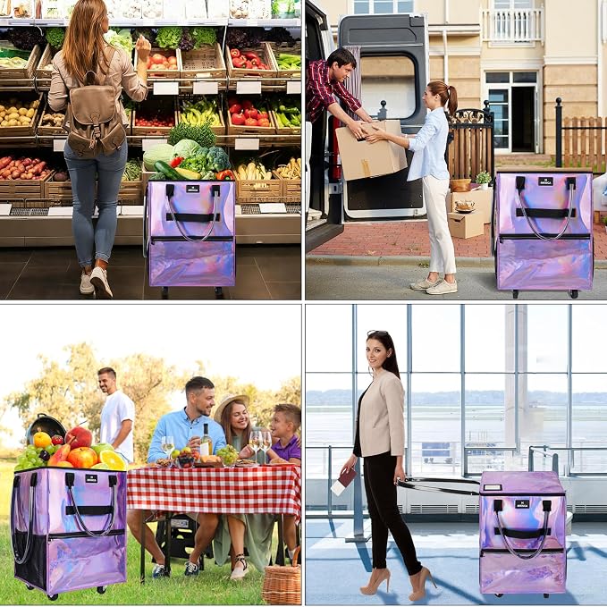 Reusable Grocery Bag on Wheels, Foldable Rolling Tote Bag, Water-Resistant, Zipper Top, Heavy Duty Handle, Lightweight Strong Capacity, Collapsible Portable Shopping Cart, Medium Gradient Purple - Image 7