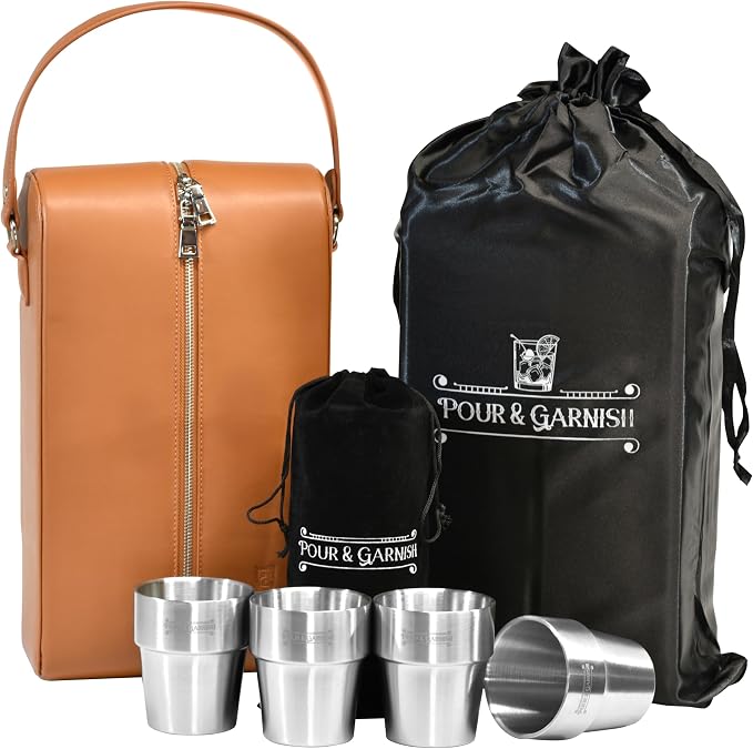 POUR & GARNISH Bourbon Whiskey & Wine Double Bottle Travel Bag with 4 Stainless Steel Double-Walled Vacuum Insulated Glasses - Makes a Great Gift! - Image 2