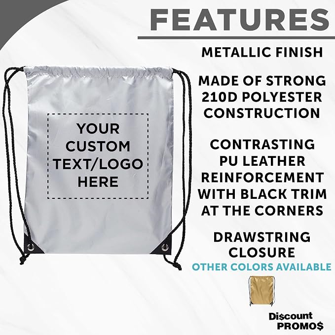 DISCOUNT PROMOS Custom Urban Shiny Drawstring Bags Set of 10/50/100, Personalized Bulk Pack - Bring Everywhere You Go, Perfect for Employees, For Everyday Use - Silver - Image 2
