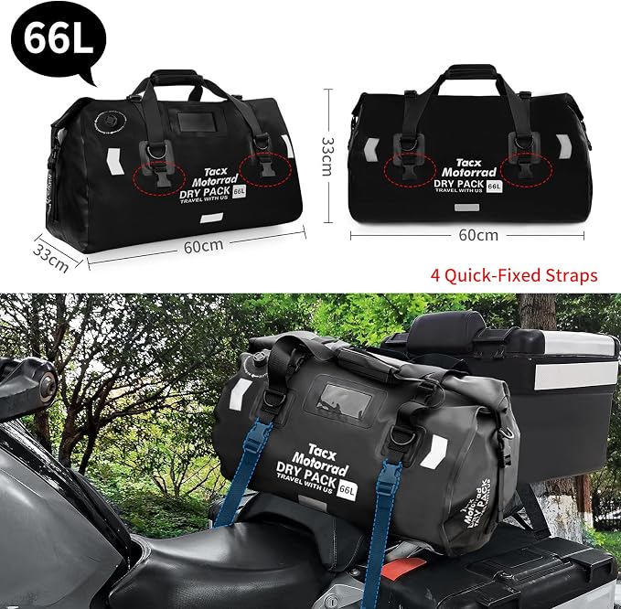 Waterproof Duffel Bag for Men/Women, Roll-top Dry Backpack Duffel Bag with Quick-fixed Straps, Motorcycle Tail Saddle Bag for Motorcycling, Rafting, Boating, Kayaking, Travel, 66L-Black - Image 4