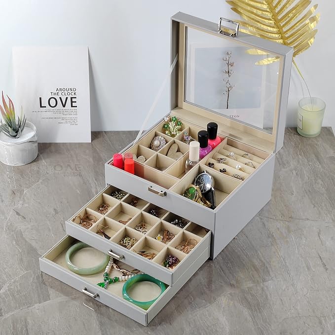 BOOVO Clear Lid Jewelry Box,3 Layers Jewelry Organizer Large Jewelry Storage Box with 2 Drawers,Jewelry Holder Organzier of Rings Earrings Necklace Bracelets for Women (Grey, 3 Layer) - Image 6