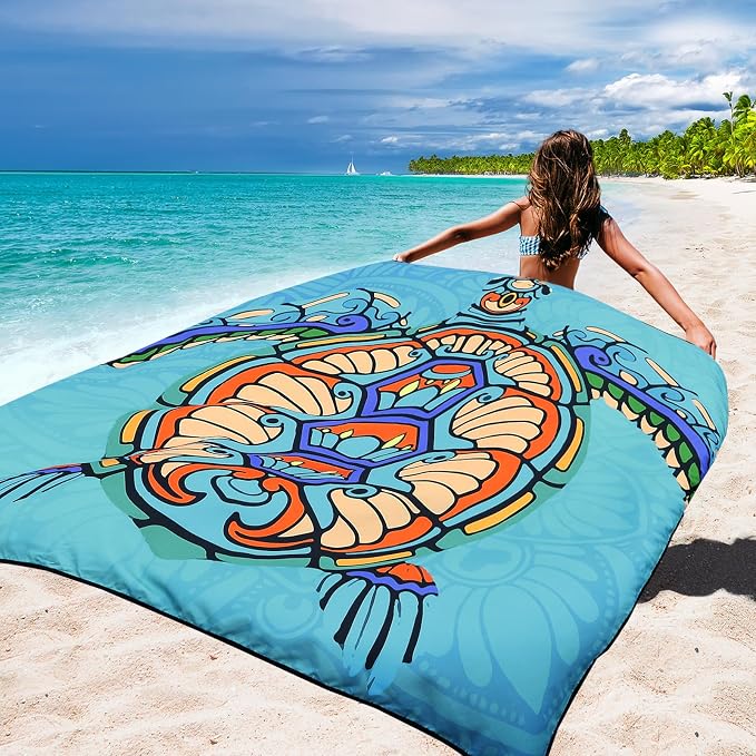 HIHOHO Beach Blanket Waterproof Sandproof Beach Mat 79”x 83” for 1-8 Adults Quick Drying Durable Outdoor Picnic Mat for Beach Festival Travel Camping Hiking (Mandarin Seaturtle, 79"×83"(4 Person)) - Image 2