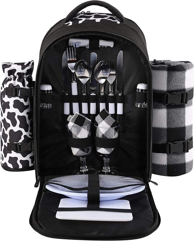 apollo walker Picnic Backpack Bag for 2 Person with Cooler Compartment, Detachable Bottle/Wine Holder, Fleece Blanket, Plates and Cutlery Set (2 Person, Black) by apollowalker