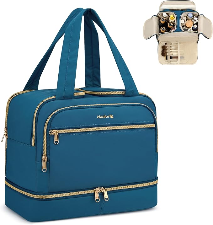Hanke Travel Toiletry Bag, Lightweight Wide-open Large Toiletry Bags for Women, Dual-Layer Makeup Bag Water-Resistant Cosmetic Travel Bag with Handle for Accessories, Essentials, Navy Blue by Hanke