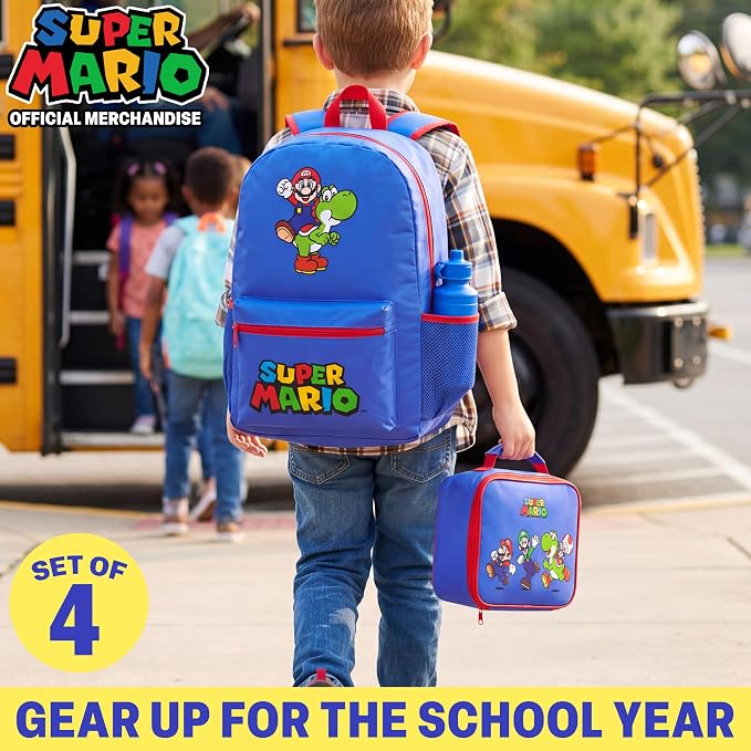 Get Trend Super Mario Boys Backpack 4 Piece Set | 18 In Bookbag with Insulated Lunch Bag, Pencil Case & BPA-Free Water Bottle, Adjustable Padded Straps, Gamer Gifts for Boys - Image 2