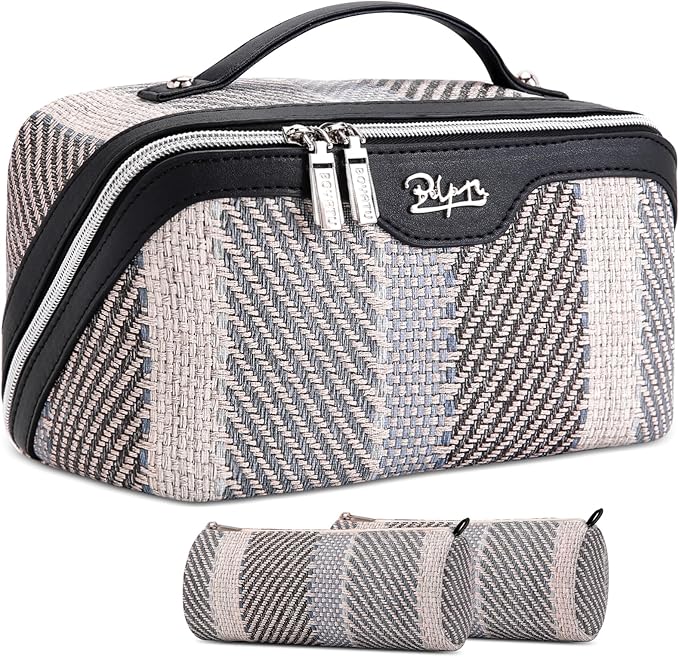 BOYATU Travel Makeup Bag Cosmetic Bag for Women: 3 Pcs Set Make up Bag with Compartments - Waterproof Vegan Leather Toiletry Bags with Handle - Makeup Organizer for Travel Essentials(C-4-Black) by BOYATU