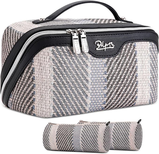 BOYATU Travel Makeup Bag Cosmetic Bag for Women: 3 Pcs Set Make up Bag with Compartments - Waterproof Vegan Leather Toiletry Bags with Handle - Makeup Organizer for Travel Essentials(C-4-Black) by BOYATU
