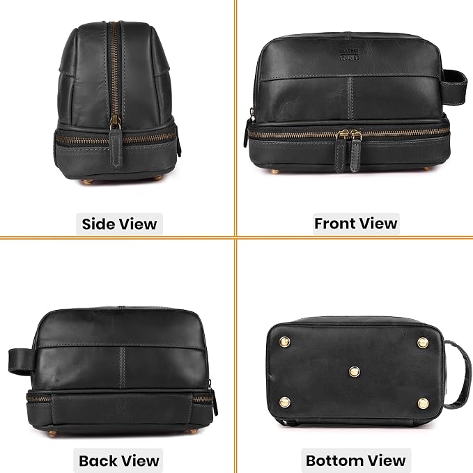 LEATHER VILLAGE Genuine Leather Dopp Kit - Travel Bag with Waterproof Lining, Large Capacity Toiletry Bag, Dual-Zip Design for Men & Women, Shaving & Bathroom Essentials Organizer - Black - Image 6