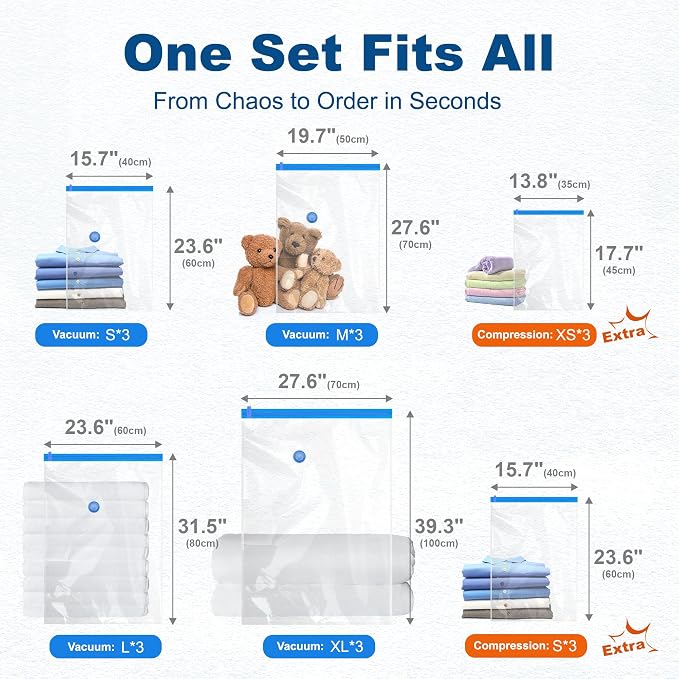HOUSE DAY 18 Pack Vacuum Storage Bags with Electric Pump, Valve, Space Saver Vacuum Seal Bags for Clothing, Comforters, and Travel Essentials 3 Jumbo,3 Large,3 Medium,3 Small/3 Small,3 XS Roll Up Bag - Image 5