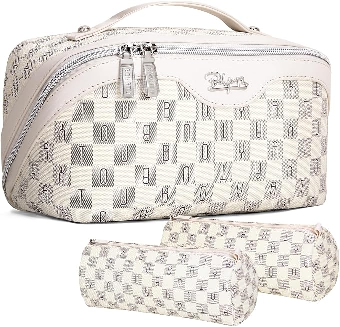 BOYATU Travel Makeup Bag Organizer Cosmetic Bag: 3 Pcs Set Make up Bags for Women with Handle - Waterproof Vegan Leather Toiletry Bags Travel Essentials Pouch with Compartments (H-03-White) by BOYATU