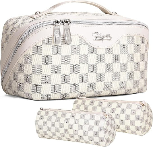 BOYATU Travel Makeup Bag Organizer Cosmetic Bag: 3 Pcs Set Make up Bags for Women with Handle - Waterproof Vegan Leather Toiletry Bags Travel Essentials Pouch with Compartments (H-03-White) by BOYATU