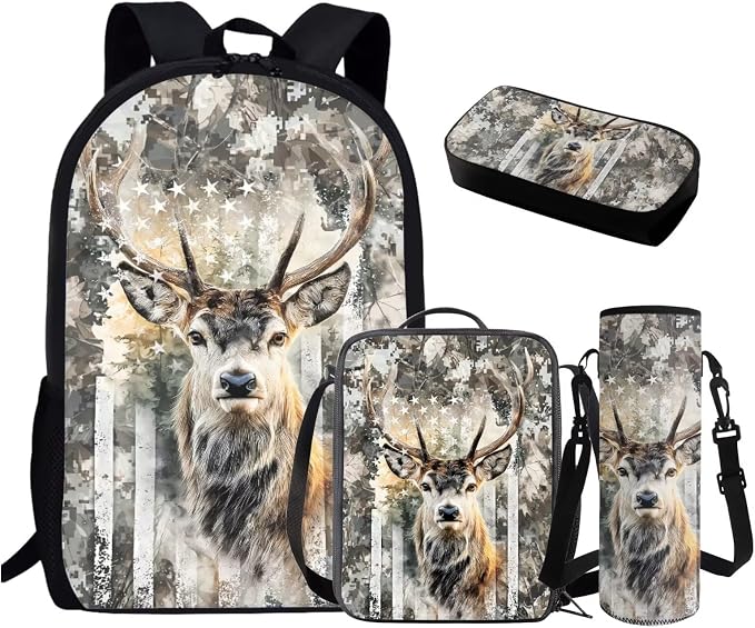 GIFTPUZZ Deer American Flag Backpack 17 Inch Set Boys | Camo 4-in-1 Lunch Box Set, Water Bottle Holder, 3rd Grade Elementary School, Ages 8-10 by GIFTPUZZ