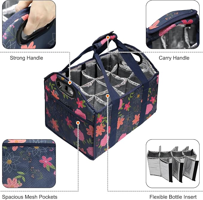 12 Bottle Wine Carrier Collapsible Bottle Caddy with Handles Storage Box for Travel Picnics Weddings Shopping Wine Tasting (Blue Floral) - Image 4