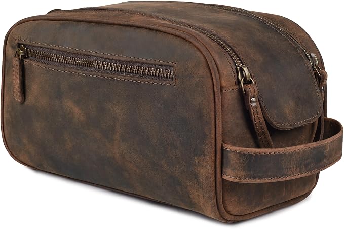 LEATHER VILLAGE Genuine Leather Toiletry Travel Bag With Waterproof Lining - Brown | King-Size Handcrafted Vintage Dopp Kit Bag, Shaving & Bathroom Organizer, Gift for Men & Women by LeatherVillage