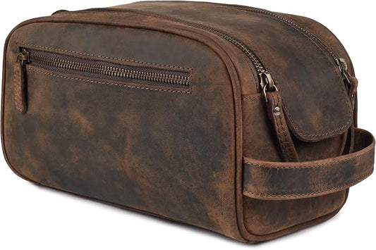 LEATHER VILLAGE Genuine Leather Toiletry Travel Bag With Waterproof Lining - Brown | King-Size Handcrafted Vintage Dopp Kit Bag, Shaving & Bathroom Organizer, Gift for Men & Women by LeatherVillage