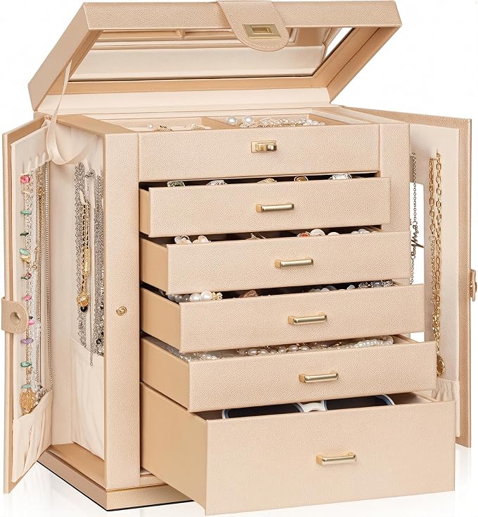 AKOZLIN 6-Tier Jewelry Box Organizer Functional 5 Drawers Leather Jewelry Storage Case for Women Girls Ring Necklace Earring Bracelet Holder Organizer with Mirror XL Champagne 360° Rotating by AKOZLIN