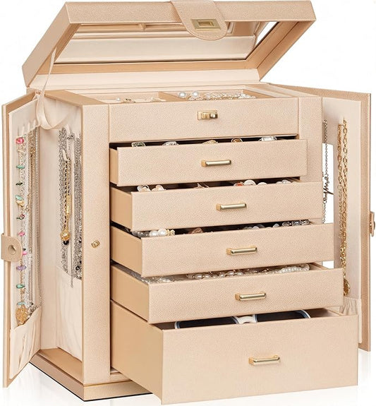 AKOZLIN 6-Tier Jewelry Box Organizer Functional 5 Drawers Leather Jewelry Storage Case for Women Girls Ring Necklace Earring Bracelet Holder Organizer with Mirror XL Champagne 360° Rotating by AKOZLIN
