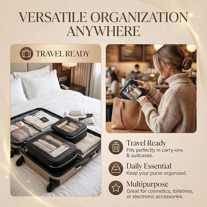 Makeup Bag | Transparent Toiletry Bag | Portable Waterproof Makeup Storage Bag | Travel-Specific Skincare Storage Bag | 2 Sets,L+M+MINI (Black) - Image 4