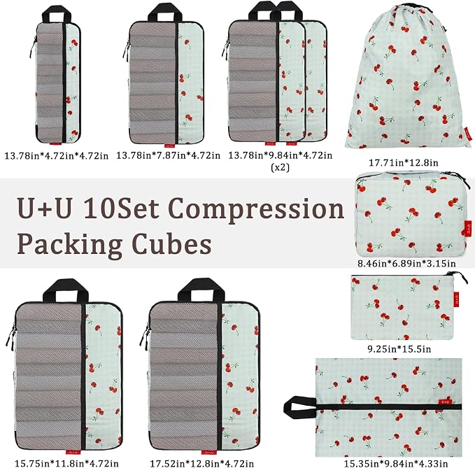 U+U 10 Set Compression Packing Cubes - Ultralight Travel Organizers with Laundry Bag and Cosmetic Bag, Space-Saving Suitcase Organizer for Travel, Business Trip and Family Vacation (Sage Green Cherry) - Image 3