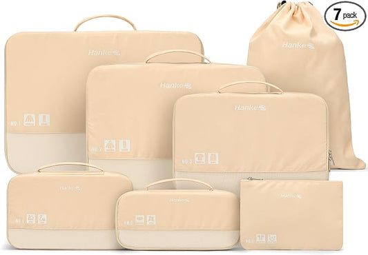 Hanke 7 Piece Expandable Compression Packing Cubes, Premium Travel Packing Organizers for Suitcases/Carry On, Luggage Organizer Bags with Breathable Mesh & Label,Off White by Hanke