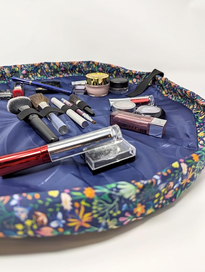 Lay-n-Go Cosmo Layflat Drawstring Cosmetic & Makeup Bag Organizer - Portable Drawstring Makeup Bag w/Zipper Pocket, Loops & More -Durable, Machine Washable Toiletry Bag (20", Butterfly Small Floral) - Image 4