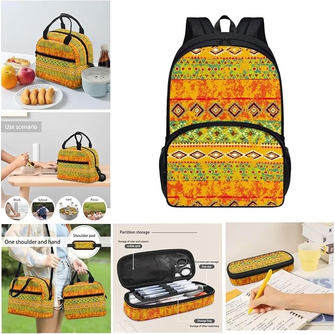 Orange Tribal Aztec Backpack with Lunch Box and Pencil Case Girls Comfy Padded Cute School Backpack Set of 3 Bookbag for Student Lightweight Large Capacity Daypack - Image 4