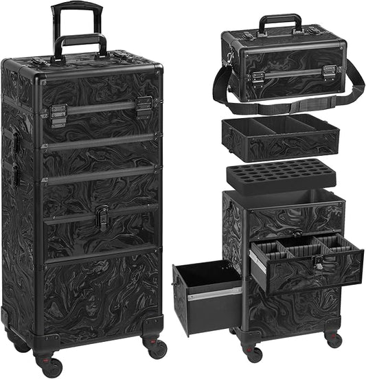 Somduy Rolling Makeup Case with Drawer, Makeup Train Case, 4 in 1Cosmetology Case on Wheels, Christmas Gift, Large Makeup Organizers, Profesional Cosmetic Case for Salon Barber, Pattern Black by Somduy