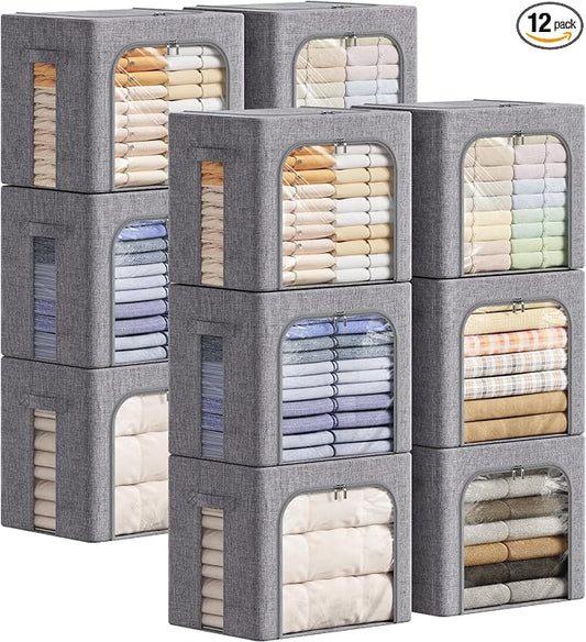 Lifewit Clothes Storage Bins with Metal Frame, Stackable Storage Box, Foldable Clothing Storage Bins with Lids, 40L Storage Bags Fabric Box Organizer with Clear Window＆ Zippers＆ Sturdy Handles 12 Pack by Lifewit