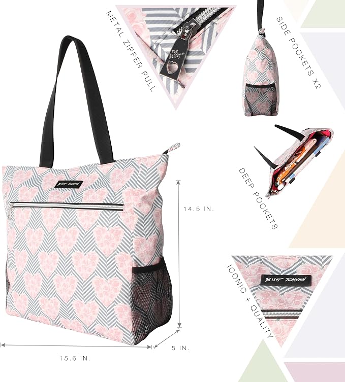 Betsey Johnson 15.6 Inch Zipper Beach Tote Bag Lightweight Large Durable Polyester with Mesh Side Pockets for Gym Work | 15.6 Inch - Image 5