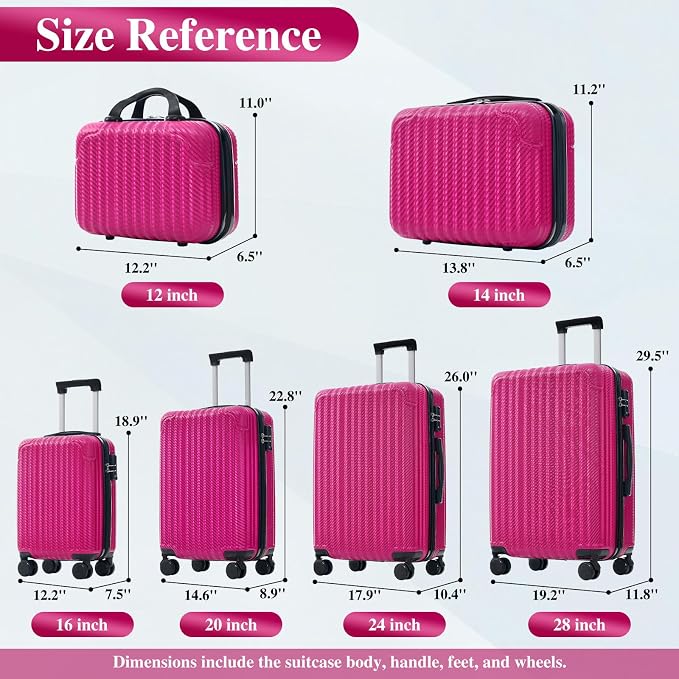 Dark Pink 6 Piece Luggage Set Hard Shell - Traveling Suitcases with Spinner Wheels and Small Cases for Family Travel, Durable Carry On Luggage Sets with Lock for Women and Girls - Image 2