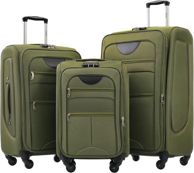Merax Softside Luggage Set Softshell Lightweight 3 Piece Spinner Suitcase | Travel Suitase with TSA Lock Spinner Wheels Lightweight Upright Luggage,Army Green by Merax