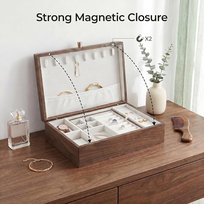 Wooden Jewelry Box for Women, Black Walnut | Jewelry Organizer & Storage, Velvet Lining, Multi-Compartment, Travel Jewelry Case for Ring Necklace Earring - Image 4