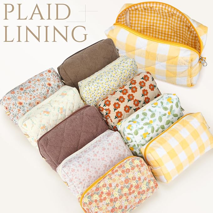 Paterr 10 Pcs Quilted Makeup Bag Bulk Cotton Floral Cosmetic Bag Women Girls Bridesmaid Gifts Cute Makeup Pouch Coquette Aesthetic Travel Toiletry Organizer(Yellow Floral,7.87 x 4.72 x 3.15 Inches) - Image 3