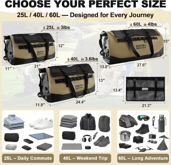 OSAH DRYPAK Waterproof Duffel Bag 25L/40L/60L – Heavy-Duty Motorcycle Tail Bag, Roll-Top Dry Bag for Travel, Camping, Boating, Kayaking, Outdoor Adventure - Image 2