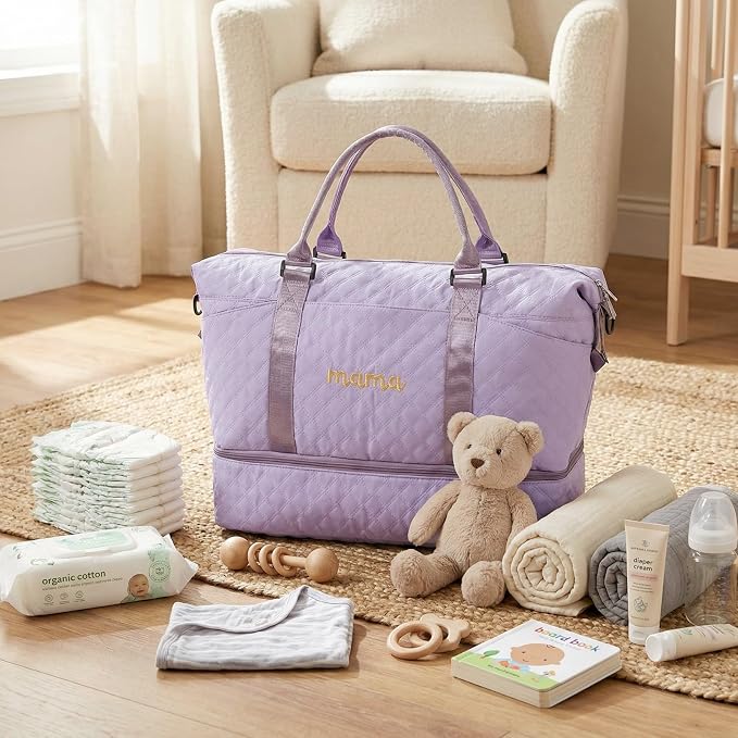 Dansydaisy Mama Hospital Bag for Women Labor Delivery Travel Duffle Bag with Shoe Compartment and Toiletry Pouch Waterproof Letter Embroidered for Pregnancy Weekender Overnight Gym Gift, Purple - Image 2