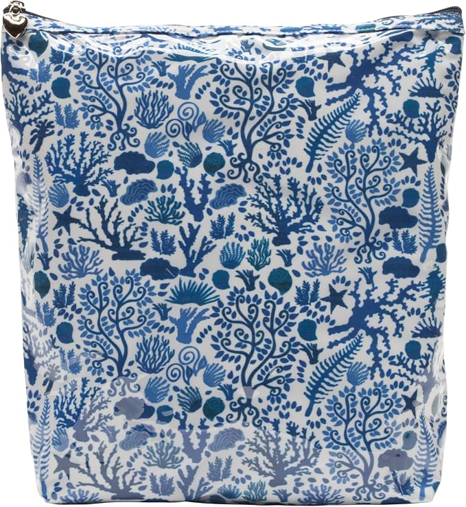 Jacaranda Living Large Cosmetic Bag – Water-Resistant Makeup & Toiletry Bag with PVC-Lined Interior, Travel Beauty Organizer, Blue Seashells by JacarandaLiving