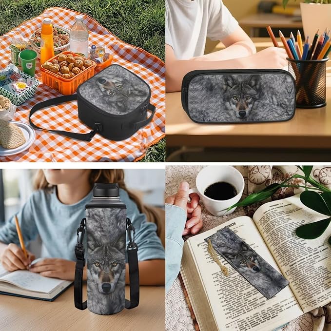 3D Wolf Backpack for Boys Wolf Kids Backpack with Lunch Box Water Bottle Pouch and Kawaii Pencil Case Bookmark 5Pcs Set for Travel School Supplies - Image 5